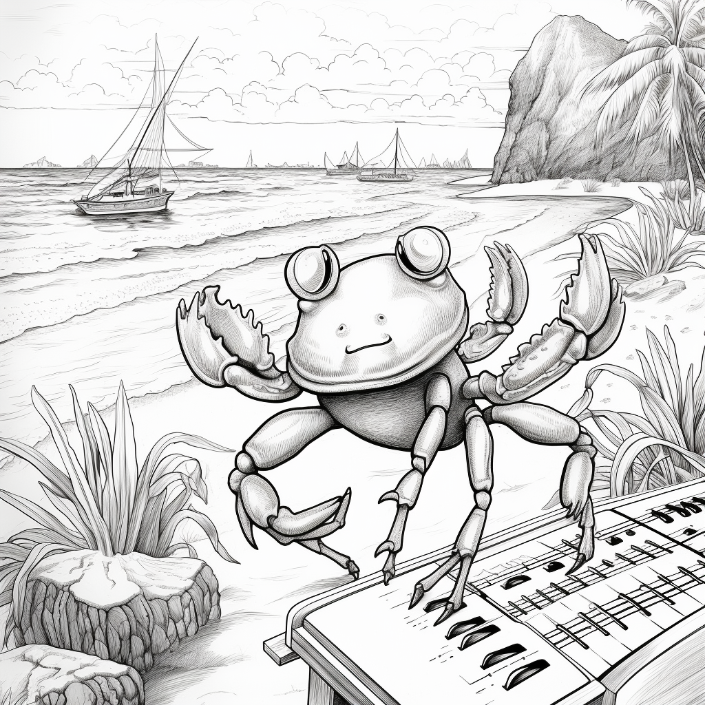 Crab playing saxophone on sandy island