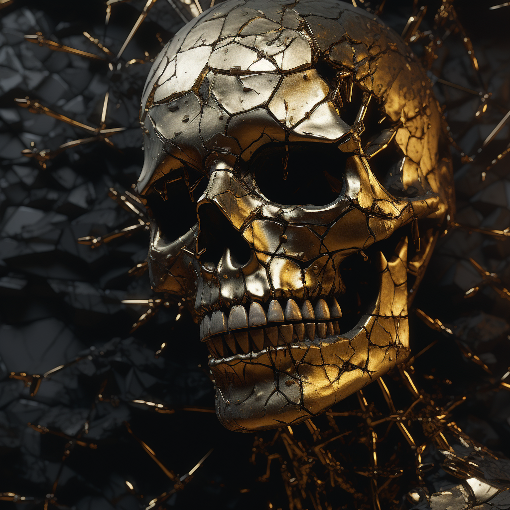 Cracked mask skeleton with gold pouring inside castle