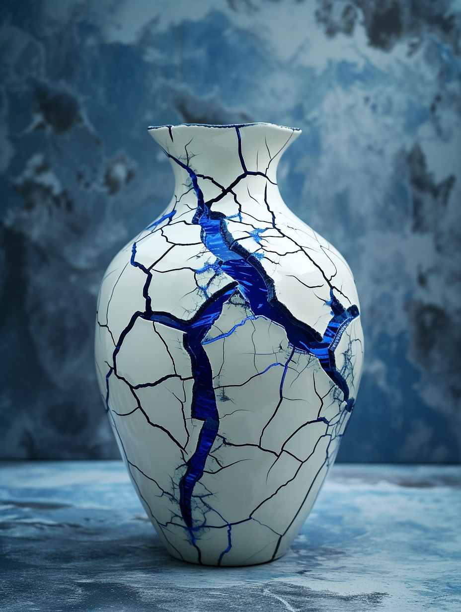 Cracked Porcelain Vase with Kintsugi Aesthetic