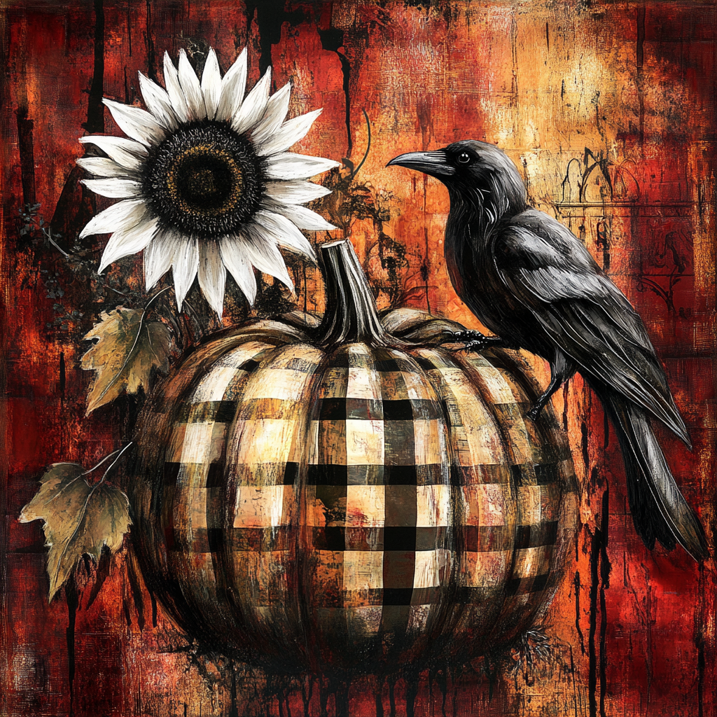 Dark Pumpkin Plaid Sunflowers Raven