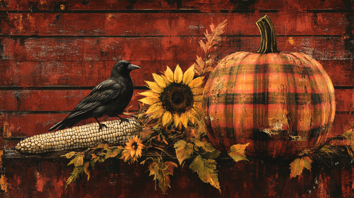 Dark Autumn Pumpkin Plaid Raven