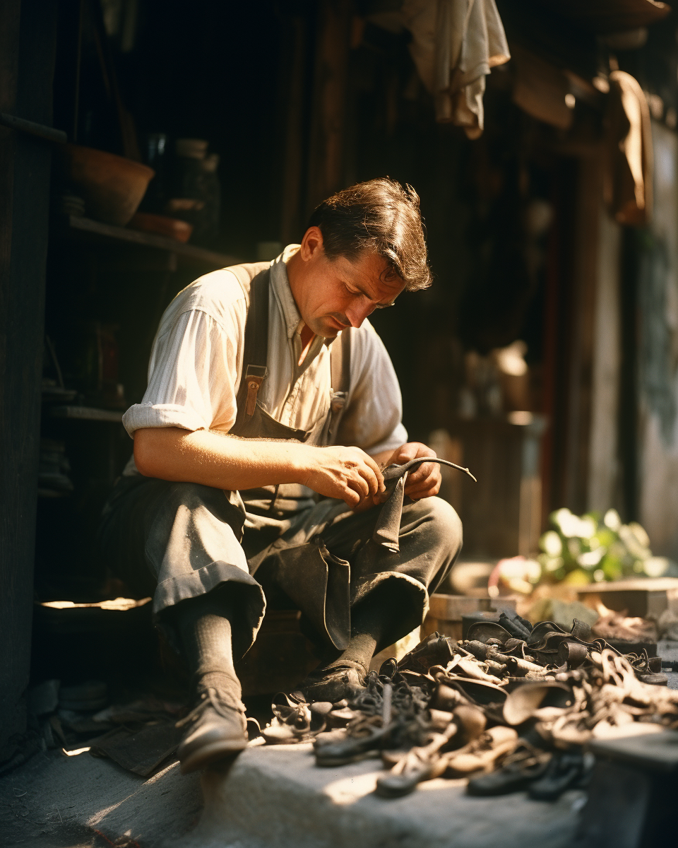 Craftsman repairing shoes in eastern Europe alley