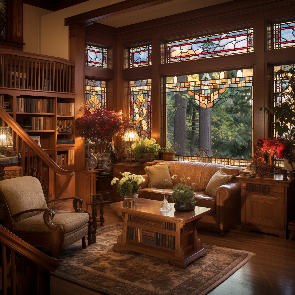 Craftsman sitting room with stained-glass windows