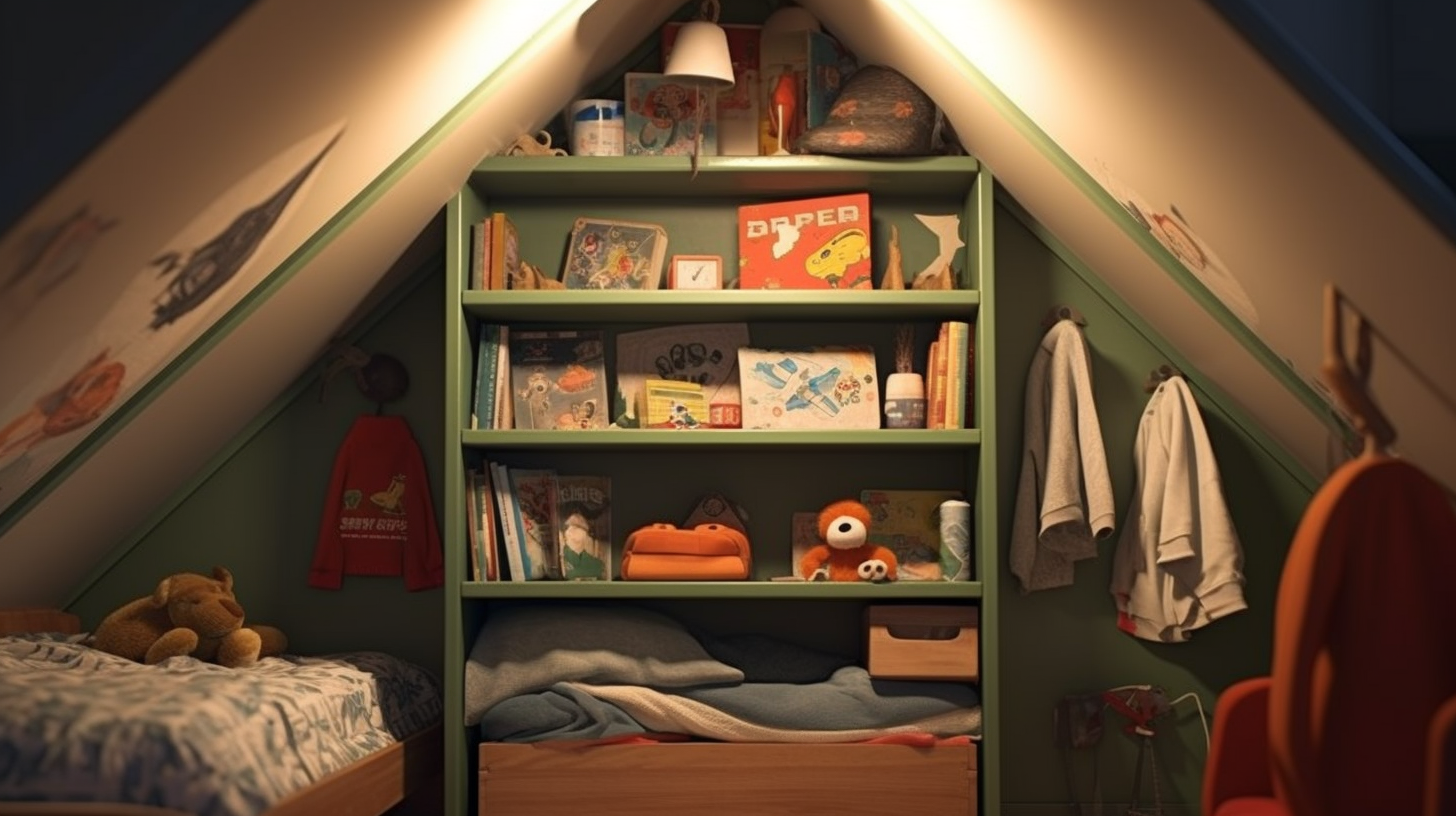 Cramped tiny closet with cot, books, and toys