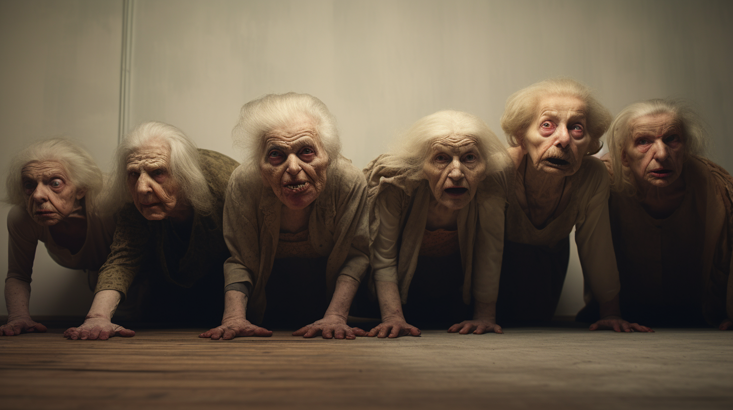 Disturbing Image of Crawling Elderly Women