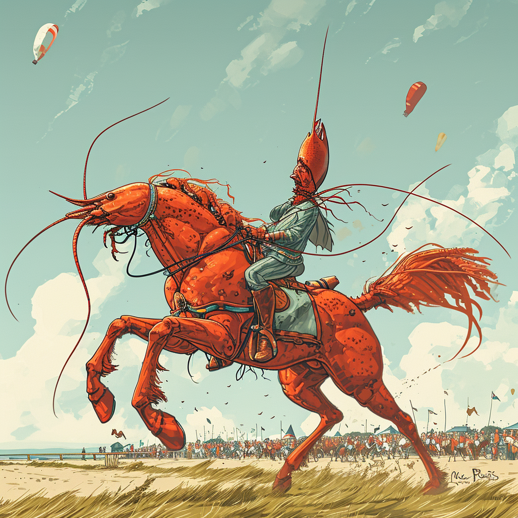 Cartoon of crayfish riding winning horse in derby  ?