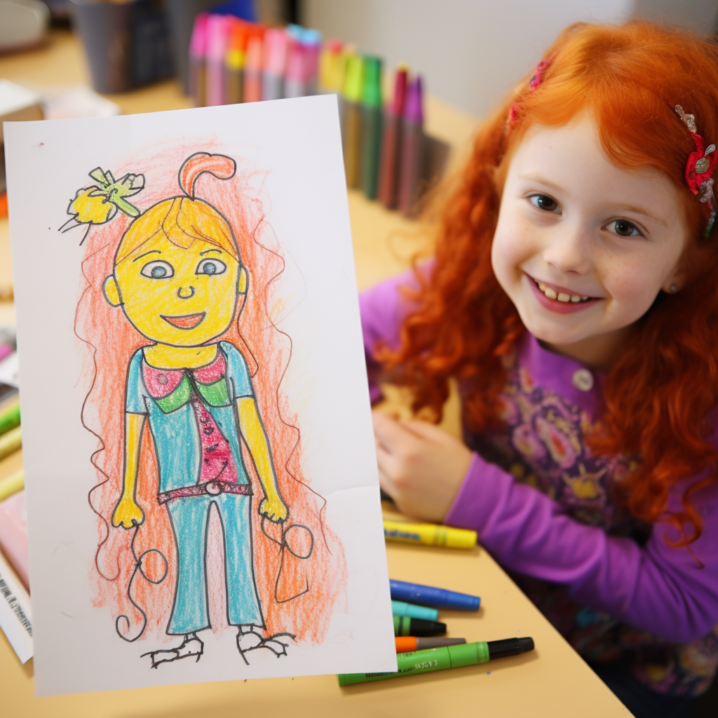 Crayon drawing of family with redhead person