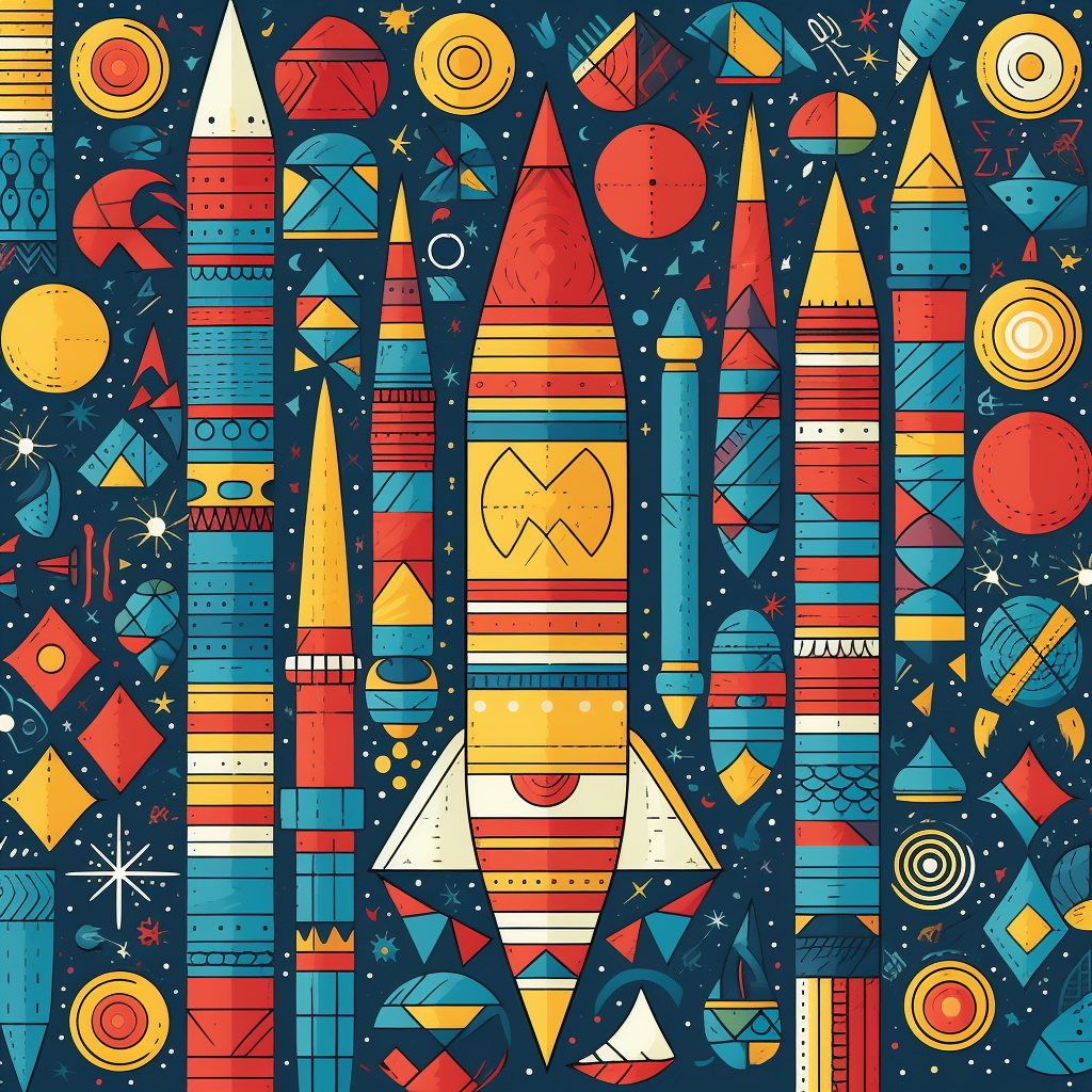 Colorful crayon rocket with geometric shapes