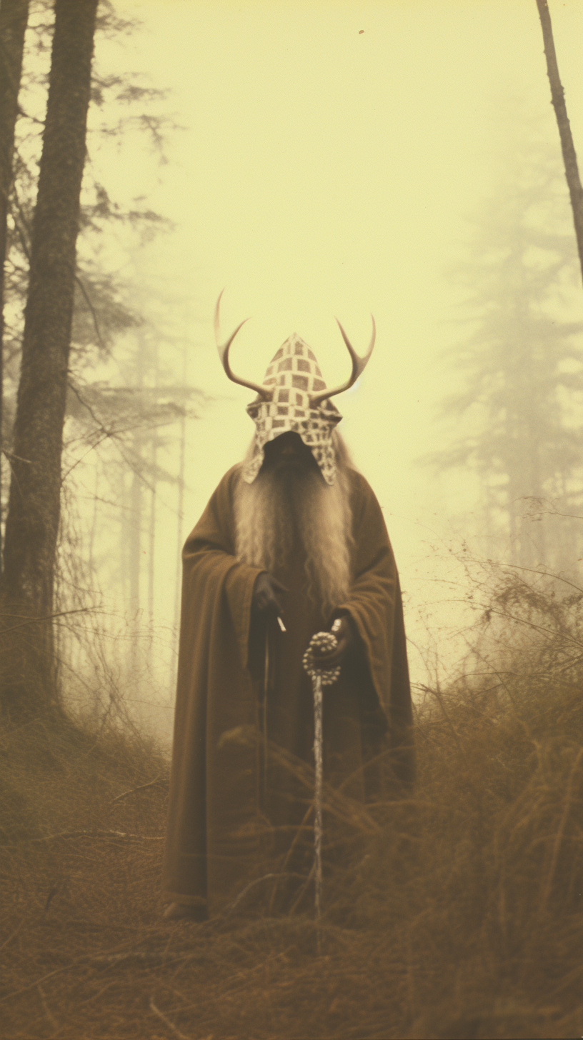 Crazy cult leader in forest with cloak and antlers