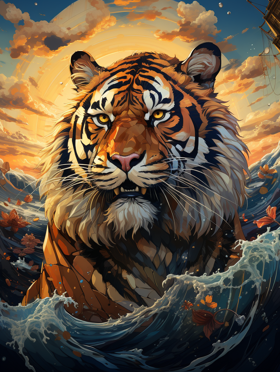 Tiger in front of boat in ocean