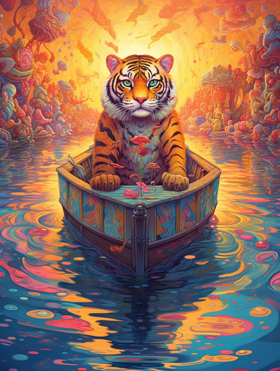 Colorful Psychedelic Tiger in a Boat