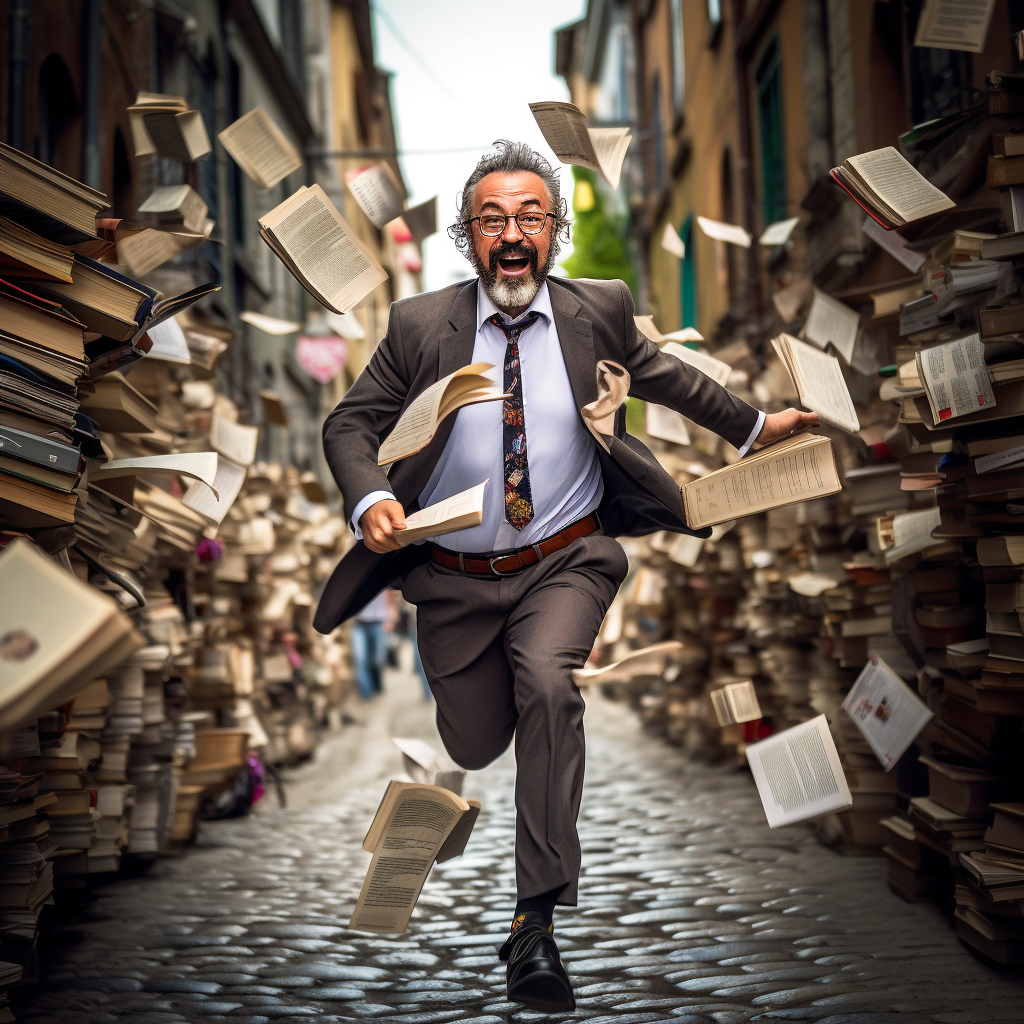 Crazy inventor scientist with books and papers