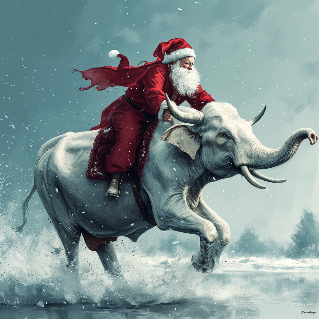 Santa chasing cow riding elephant