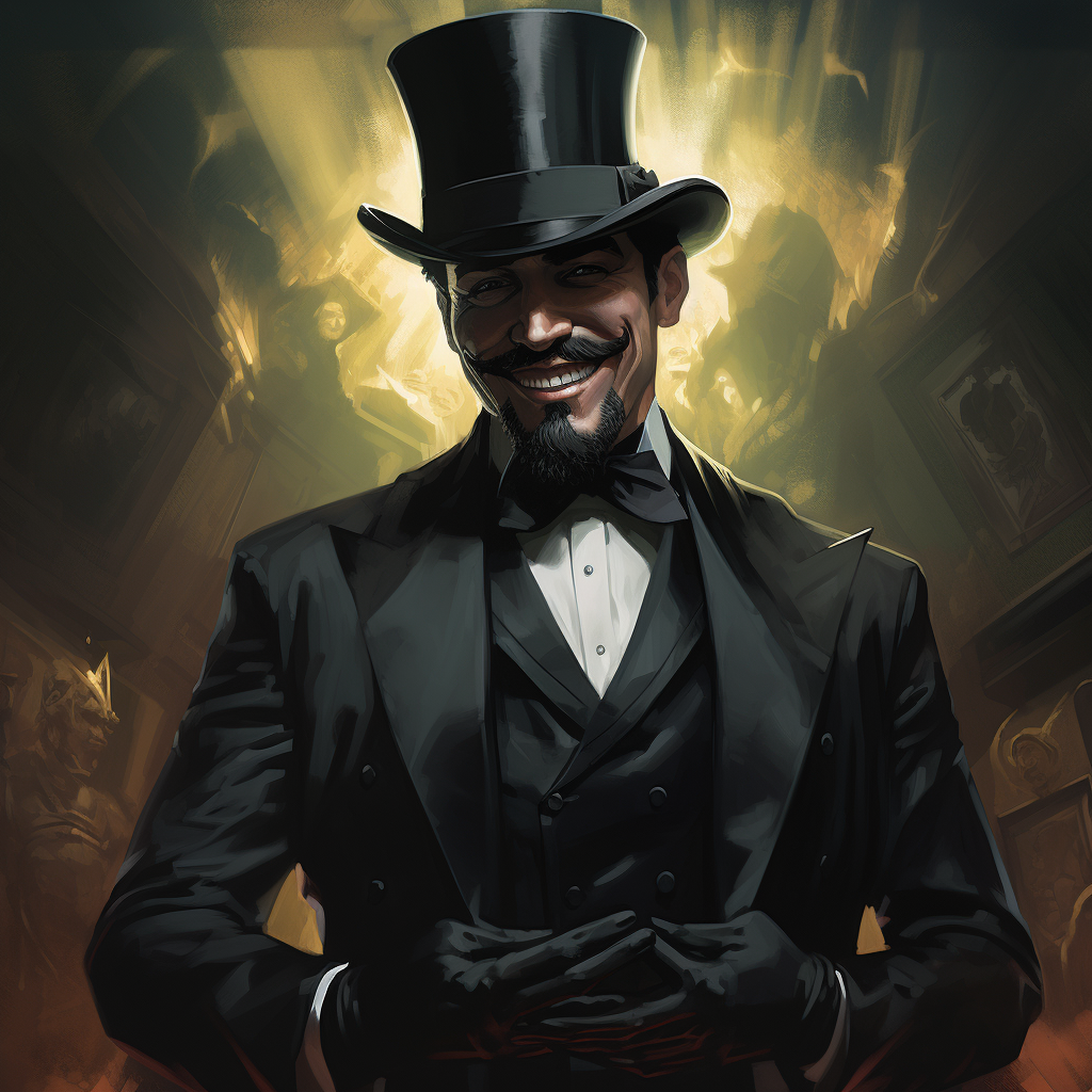 Crazy male supervillain in top hat and black suit