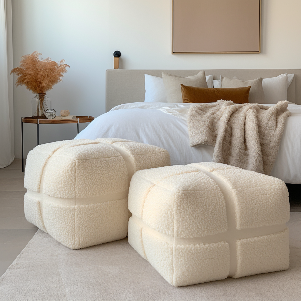 Cream cotton square pouf in front of bed