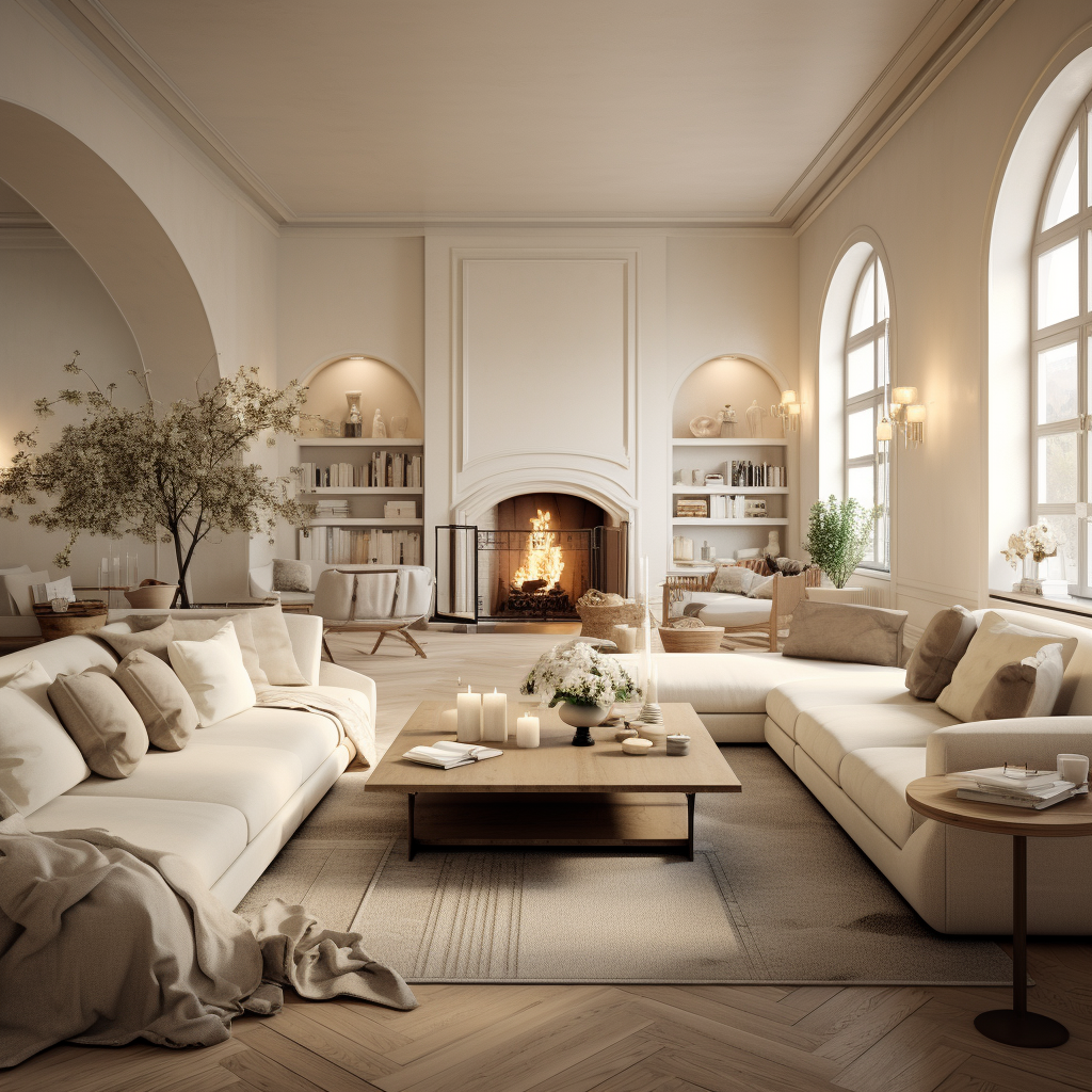 Cream sofas placed in an L shape with large windows