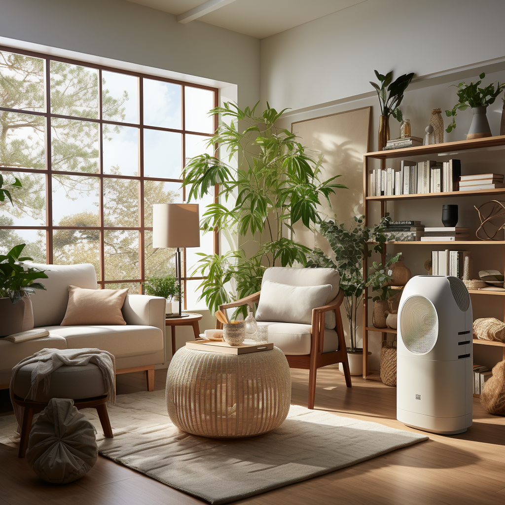 Air purifier in creamy interior living room