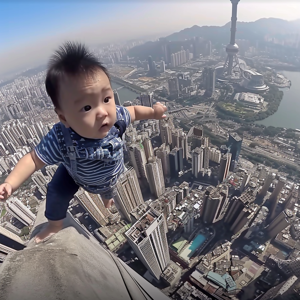 baby stomping city stock photo