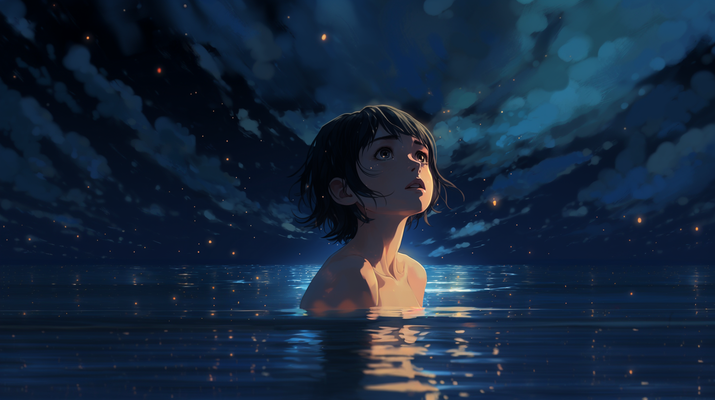 Smiling Russian girl in deep water at night with a sky full of stars