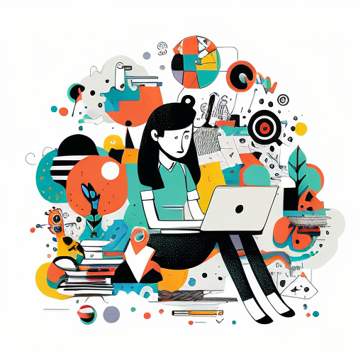 Simplified flat art vector image of a women on a laptop surrounded by stationary items