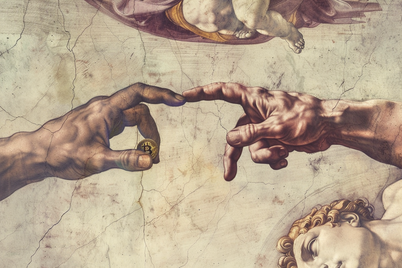 Michelangelo creation Adam bitcoin hands