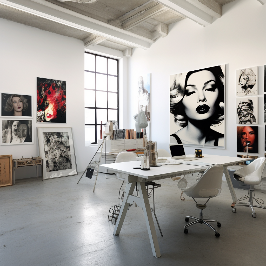 Creative photo studio with white walls and art