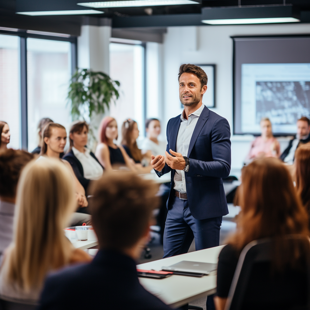 Creative director delivering inspiring presentation to staff