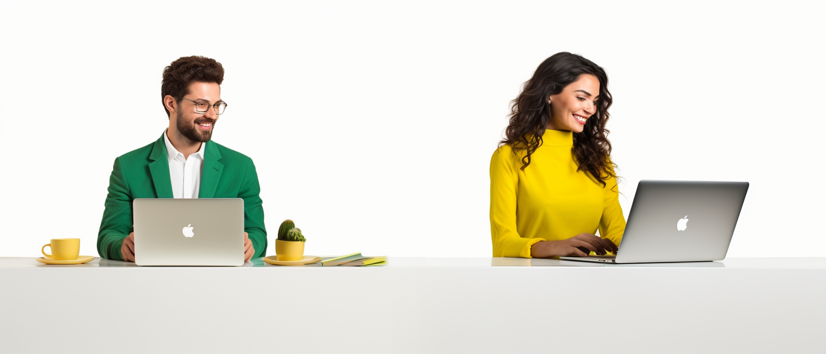 Happy man and woman working on laptops