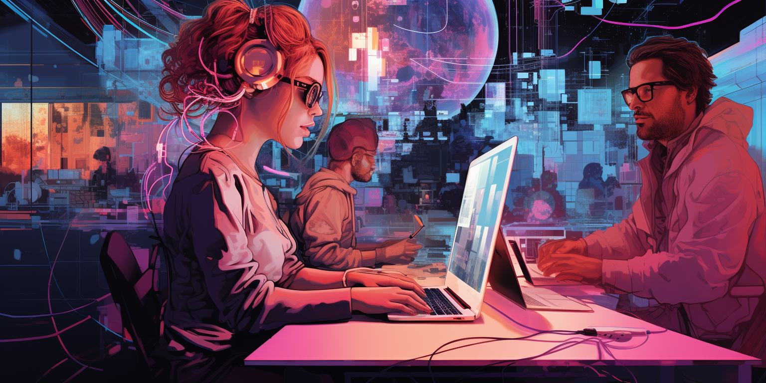 Illustration of creative team working on a cyberpunk project