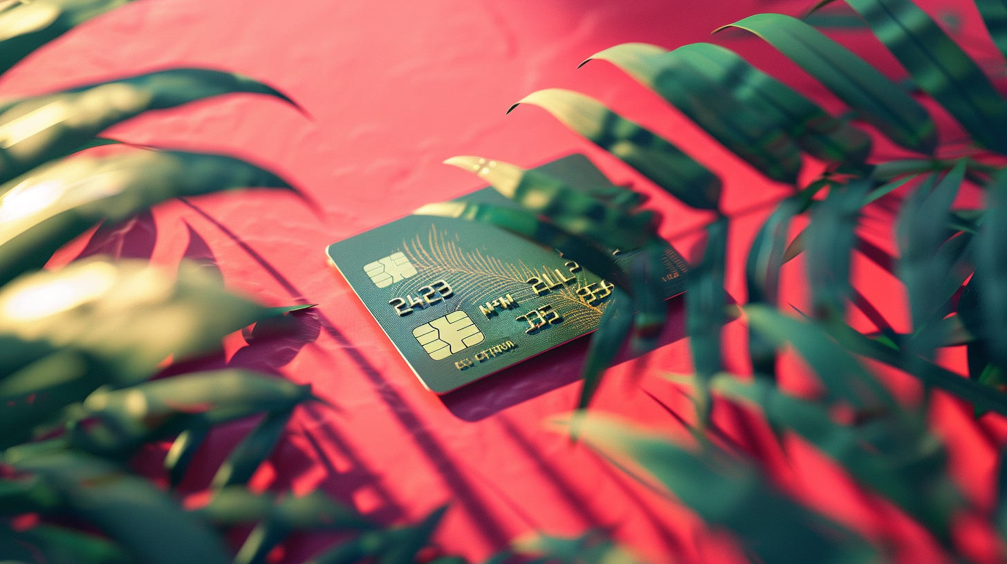 Credit card on red backdrop plants