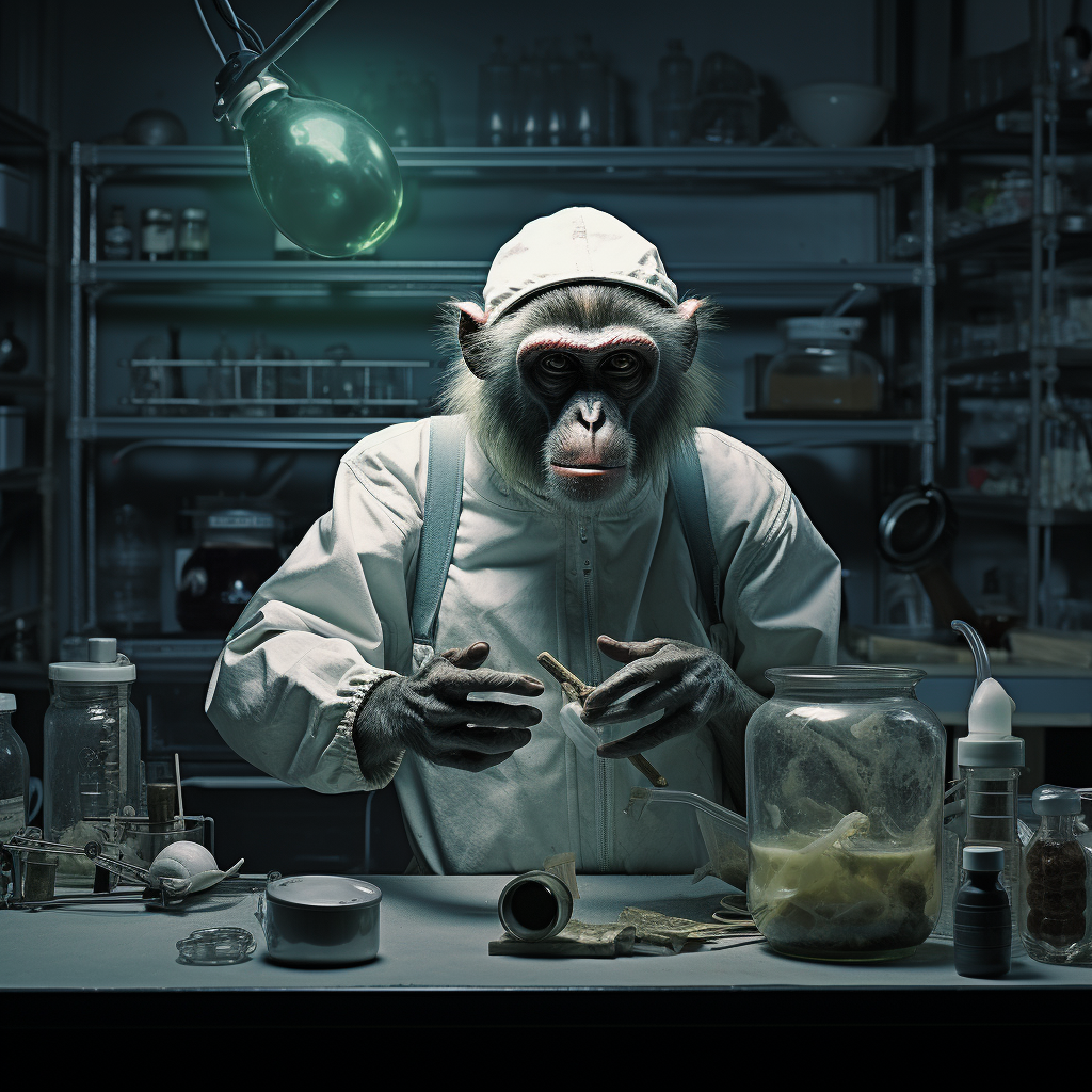 Creepy alien observing monkey in lab experiment