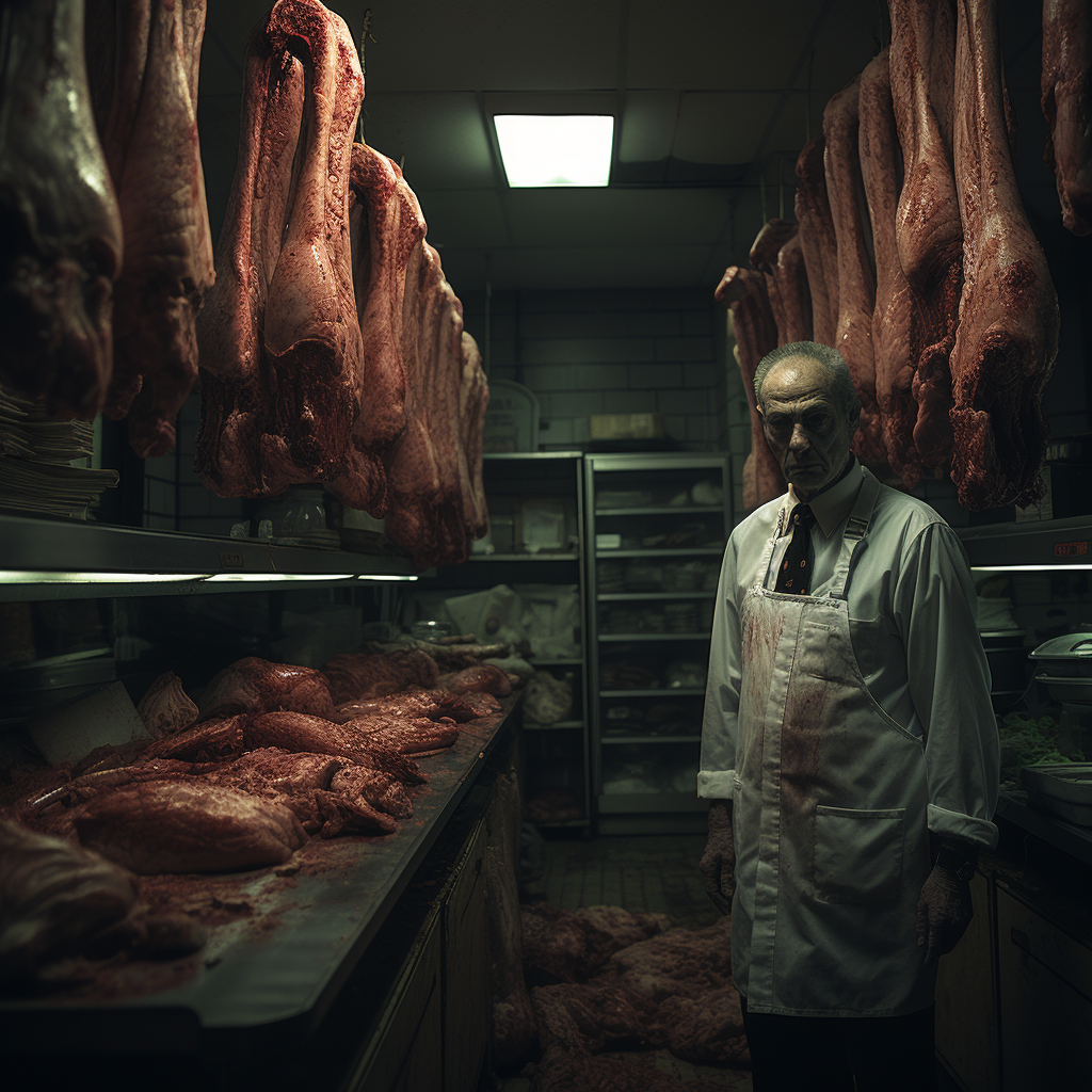 Spooky butcher standing in closed supermarket