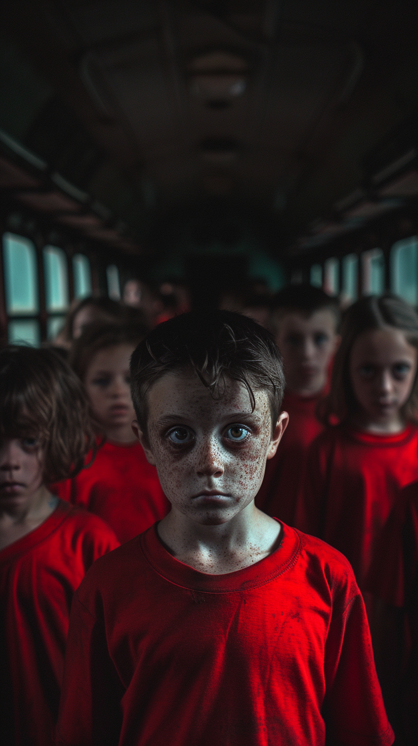 Creepy children in red t-shirts on dark train