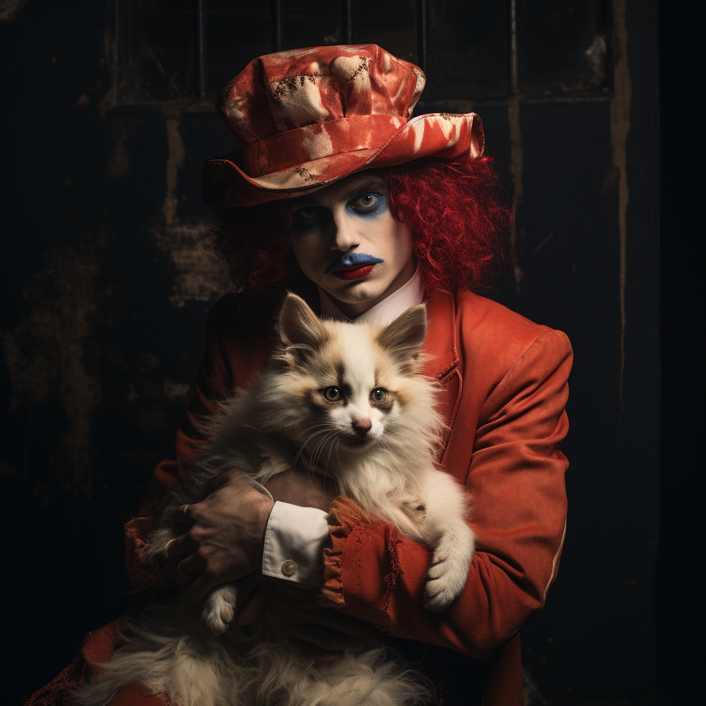 Creepy clown with pet fox dressed as clown