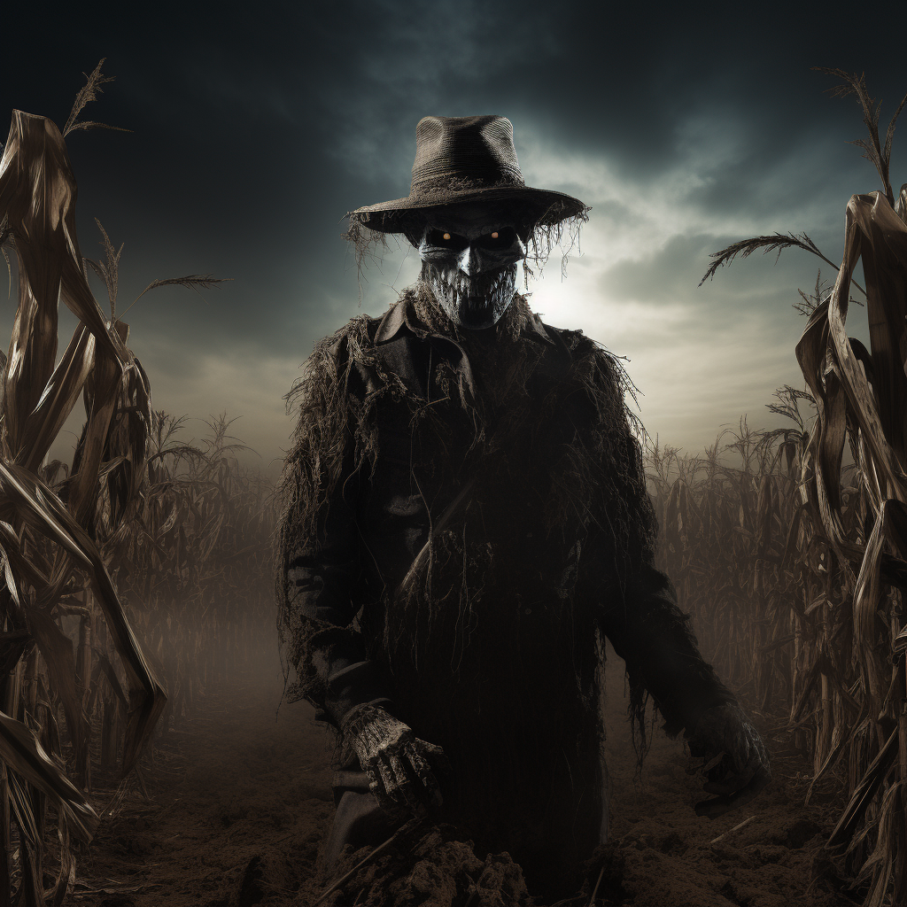 Scary scarecrow in cornfield