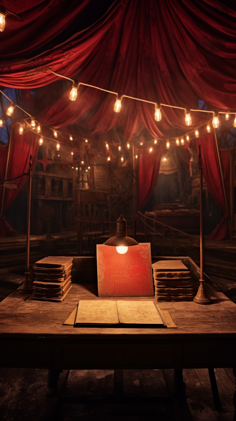 Spooky desk with lit candles in old circus tent