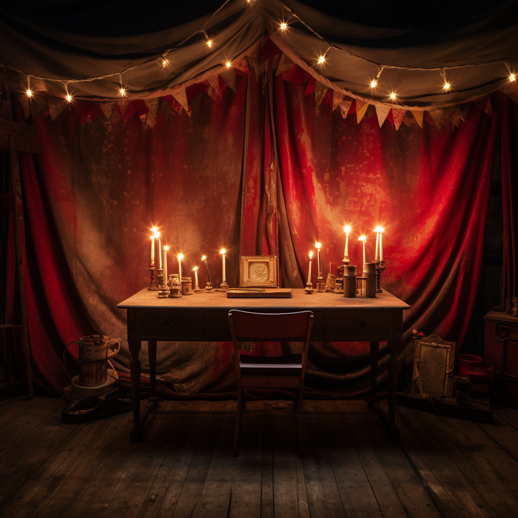 Spooky desk with candlelight in vintage circus setting