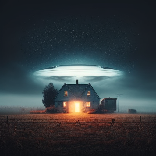 Spooky farmhouse with UFO hovering above