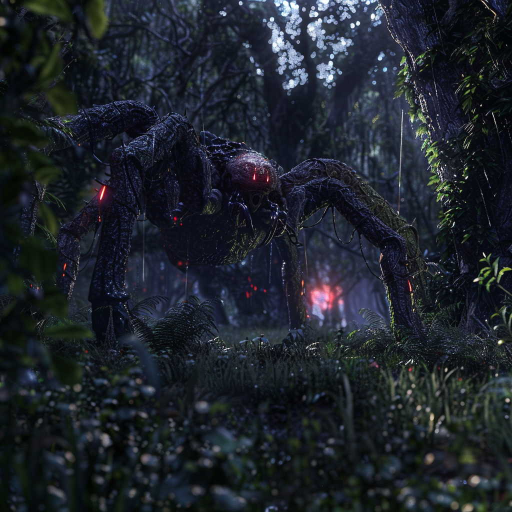 Creepy arachnomorph in twilight forest