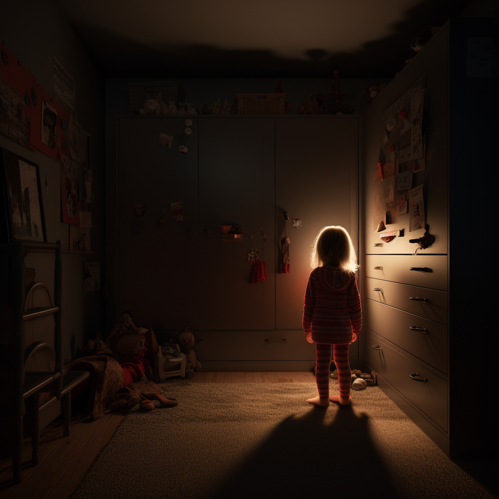 Child about to open a creepy glowing closet