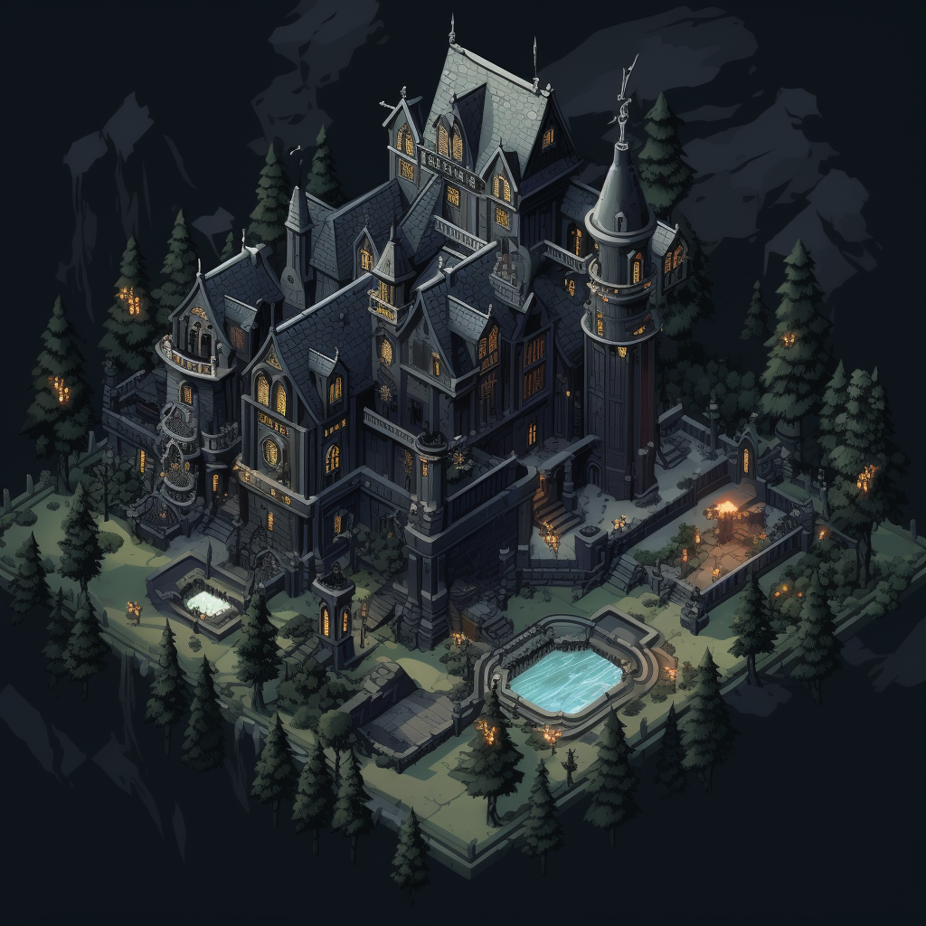 Isometric image of a creepy gothic hotel