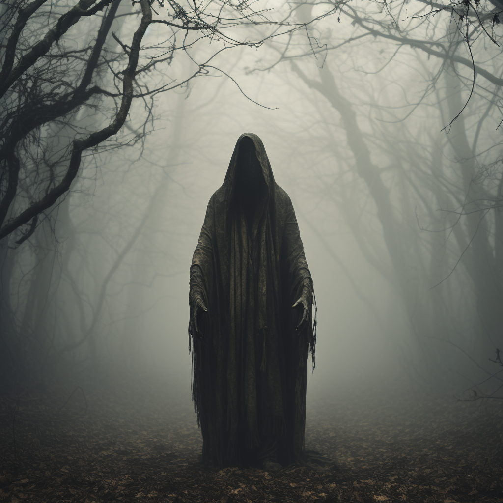 Creepy hooded figure in misty void