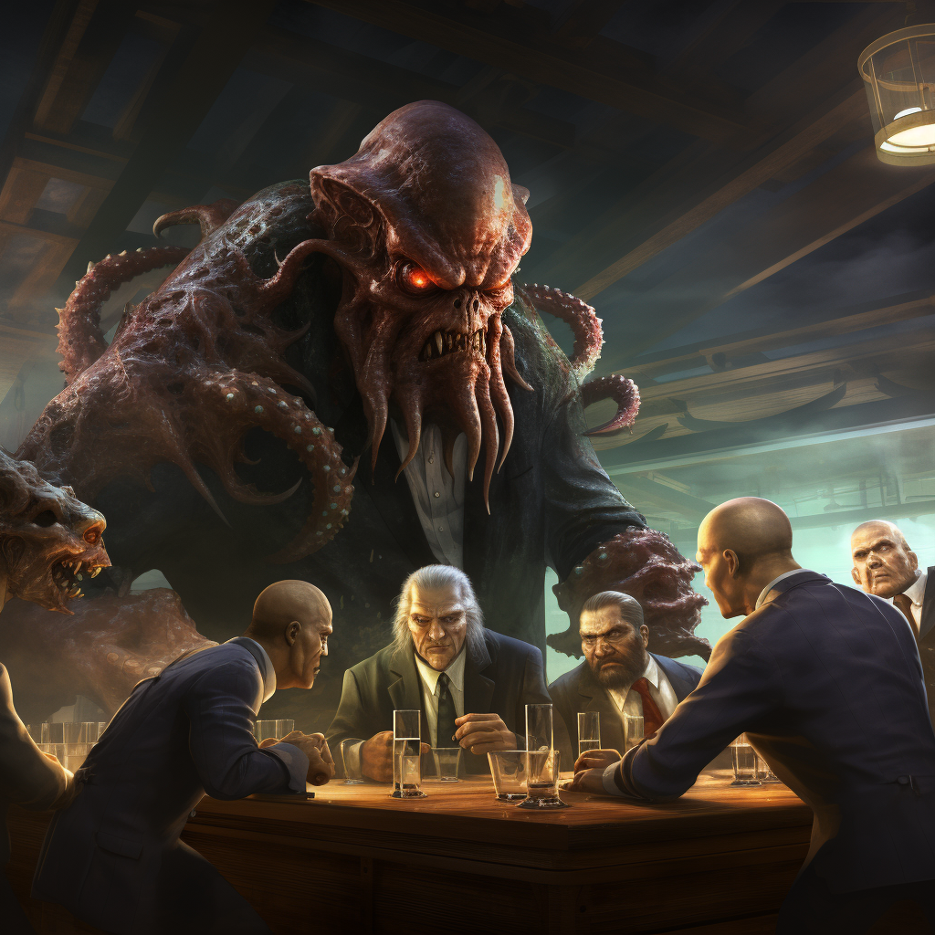 Creepy kraken observing businessmen and women