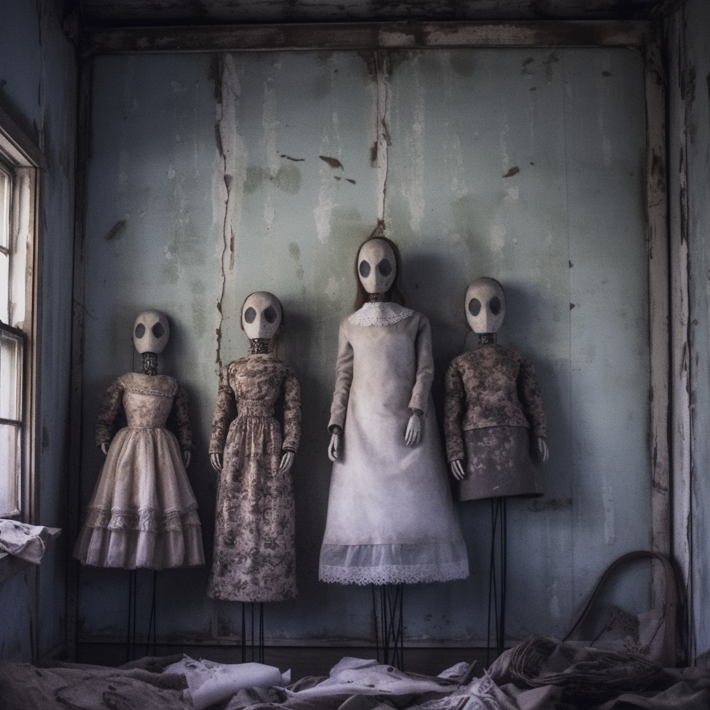 Creepy mannequin family in abandoned house