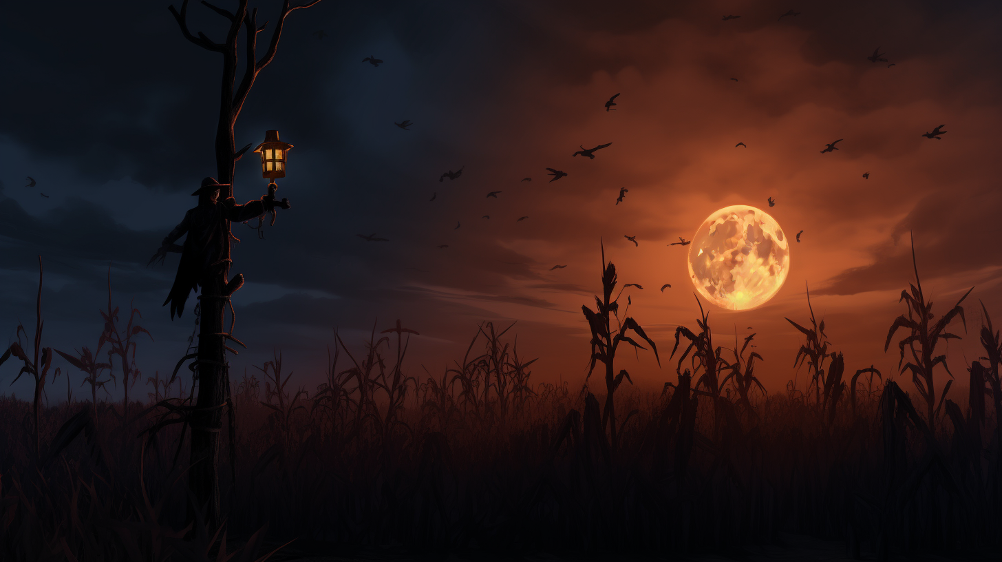 Animated creepy scarecrow in night cornfield