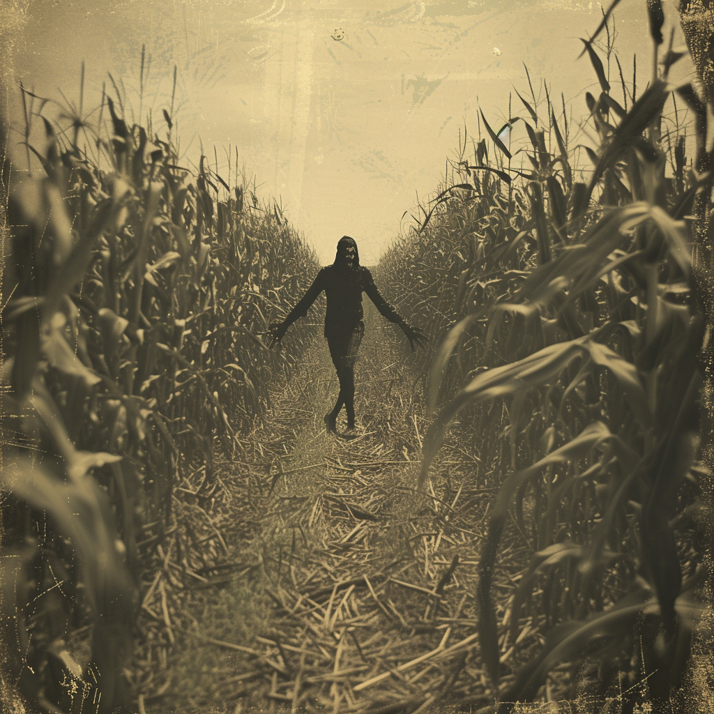 Scary nightmarish cornfield scarecrow running towards you