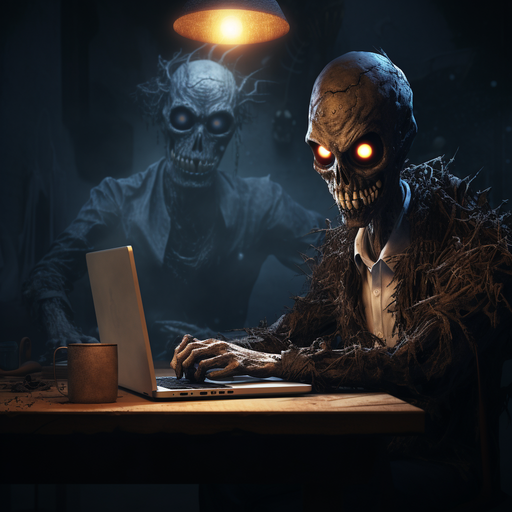 Sinister Peg Character Creeping on Laptop User