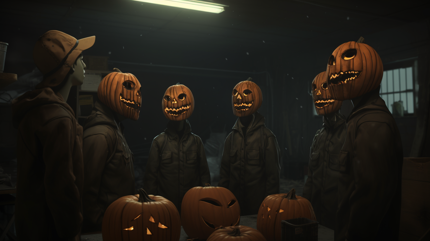 Four men wearing pumpkin heads and smoking cigarettes