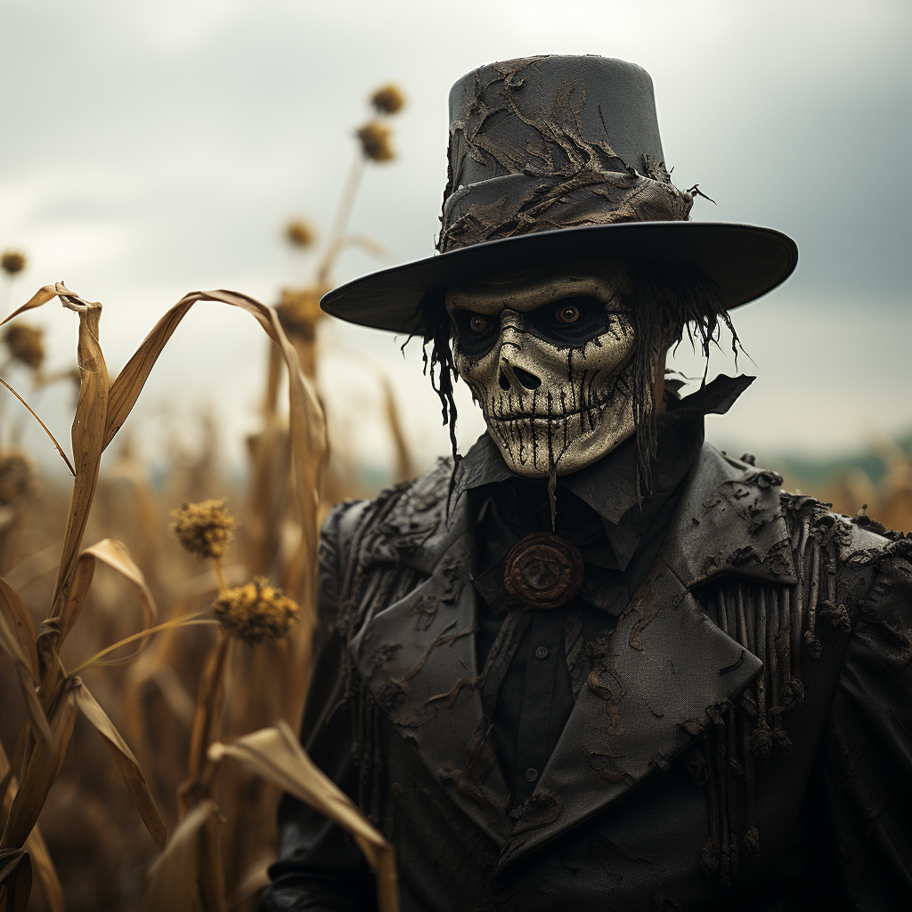 Spooky skeleton scarecrow in black suit and hat