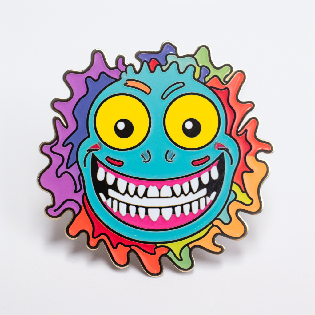 Colorful pin badge with creepy smiling character